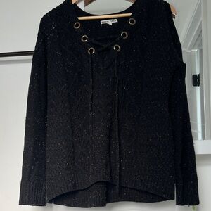 Black Cold Shoulder Sweater with Lace-Up Detail